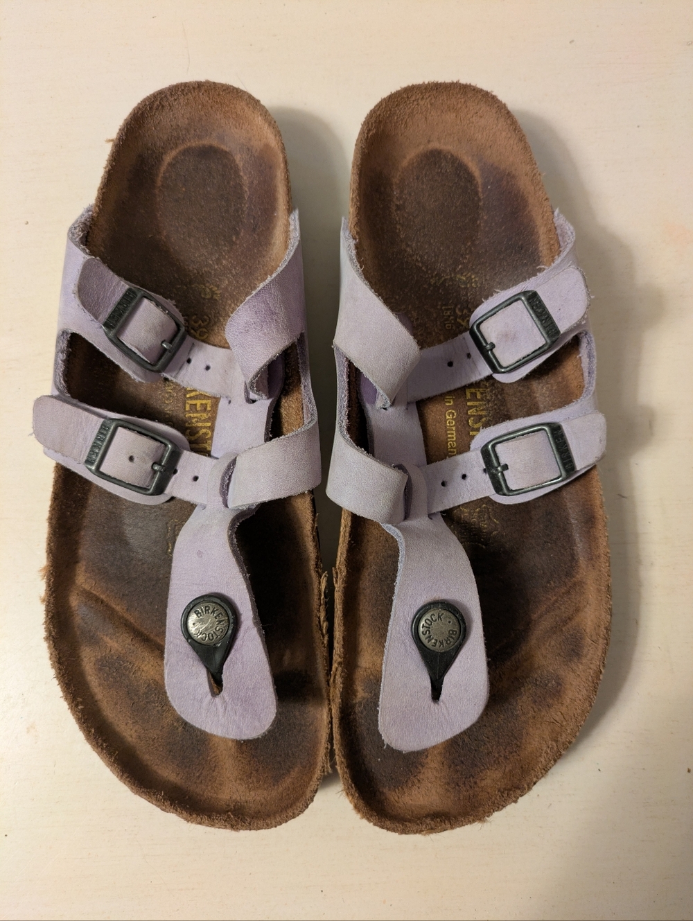 Lavender Sparta Birkenstocks - Suede Two-Strap Toe-Post Sandals 39N